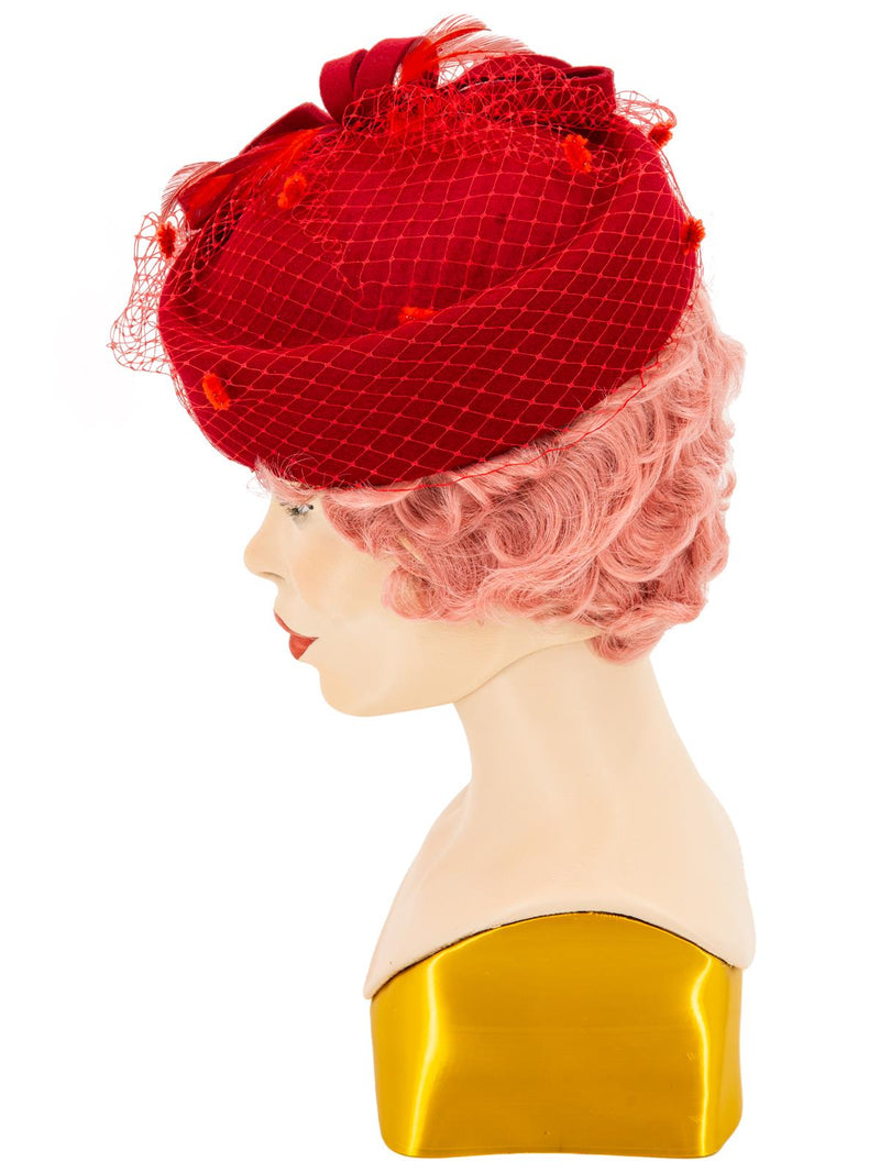 Red Vintage Style Loop Bow Pillbox Hat