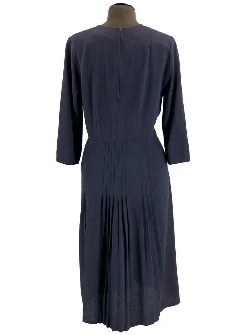 1940s Navy Blue Embroidered Crepe Vintage Dress