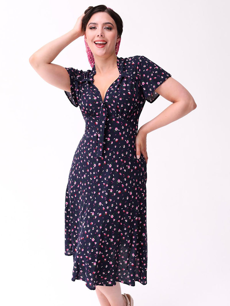 1940s Look Navy & Pink Ditsy Floral Tea Dress