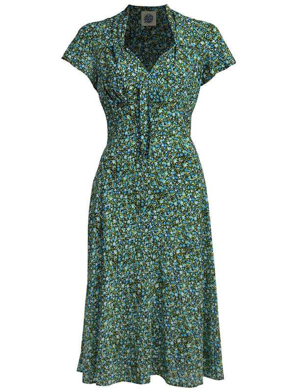 1940s Look Blue & Green Ditsy Floral Tea Dress