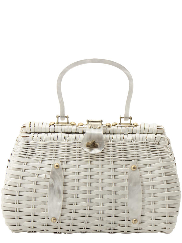 1960s White Woven Handbag Lucite Handle