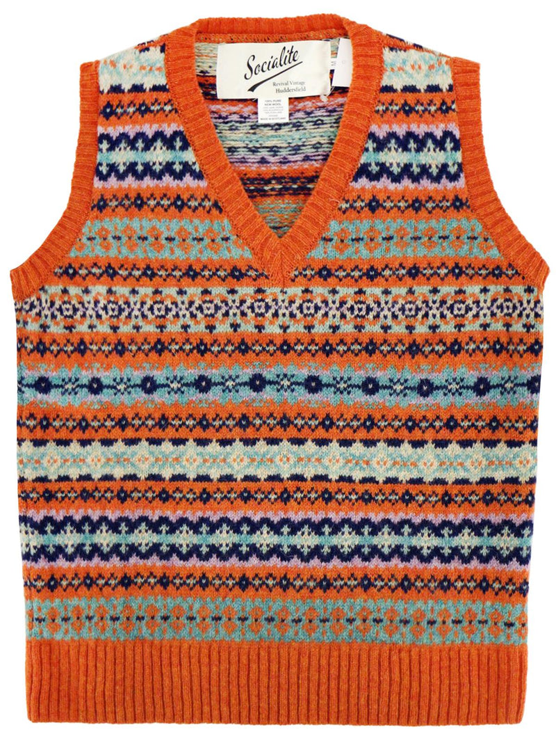 Scottish Wool Short Fairisle Knit Tank Top in Jaffa Orange