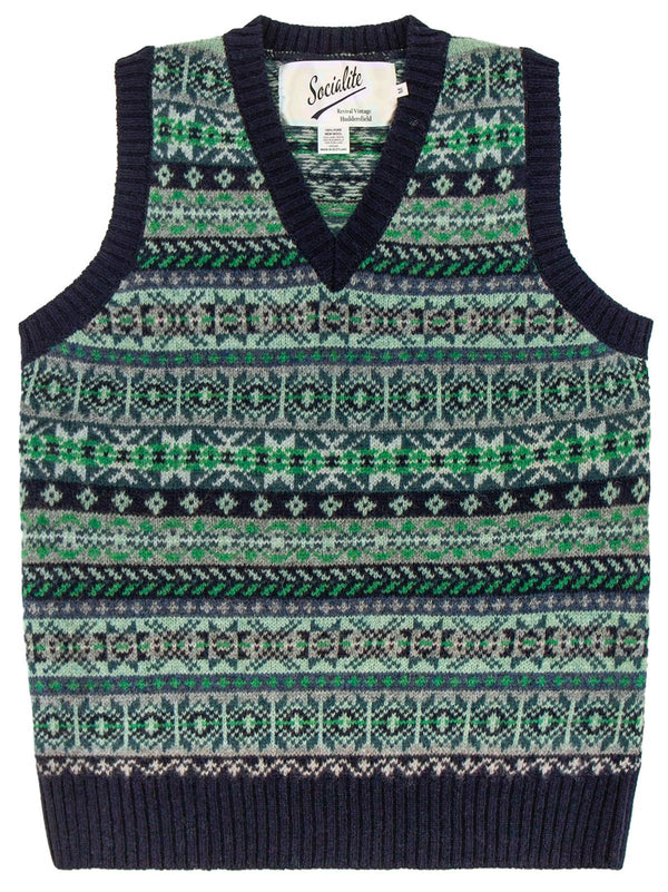 Vintage Style Shetland Wool Fair Isle Vest in Navy Blue