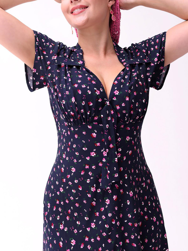 1940s Look Navy & Pink Ditsy Floral Tea Dress