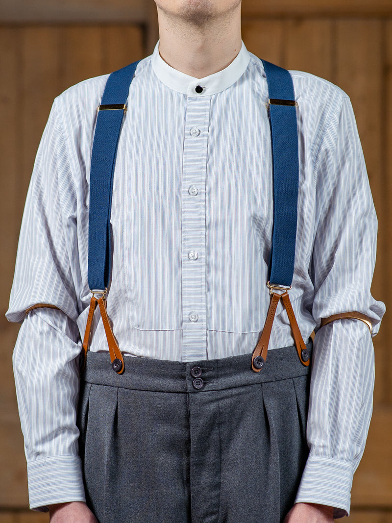 1940s Collarless Grandad Shirt - Blue & Pink Orton Stripe