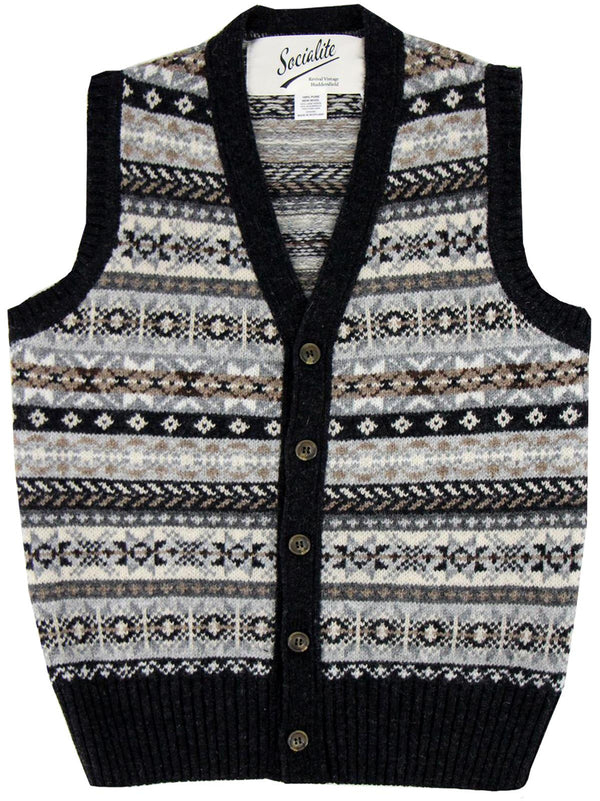 Forties Vintage Scottish Wool Buttoned Fairisle Tank Top in Charcoal Grey