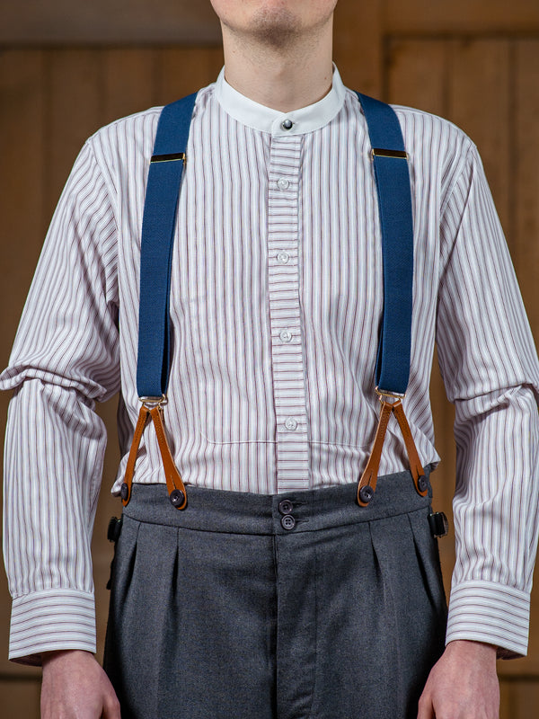 1940s Collarless Grandad Shirt - Red Orton Stripe