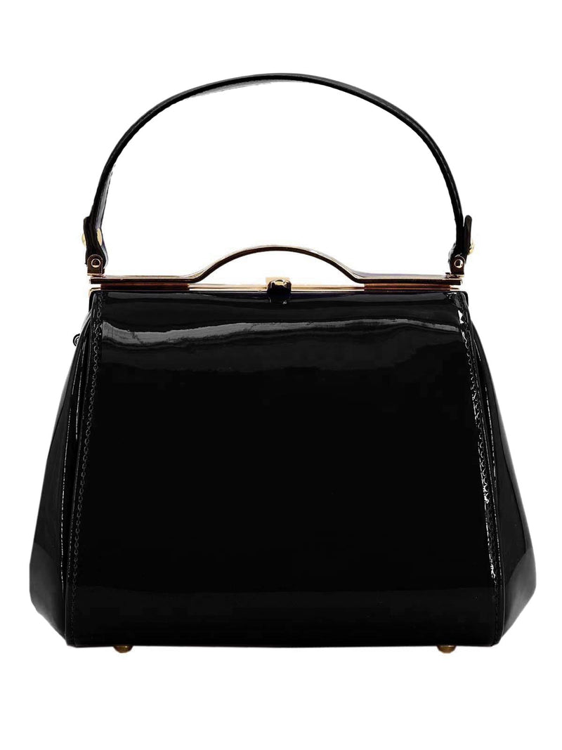 Black Vintage Look Glossy Patent Frame Bag