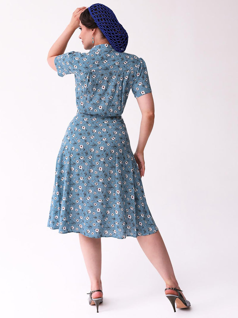 1940s Inspired Blue Ditsy Floral Shirt Dress