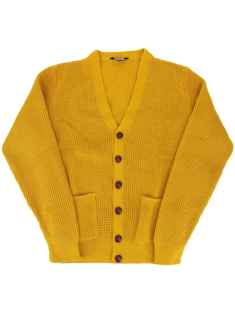 Mustard Yellow Waffle Knit V Neck Vintage Style Cardigan