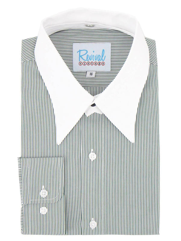 Green Stripe Collarless Grandad Shirt with Detachable Spearpoint Collar