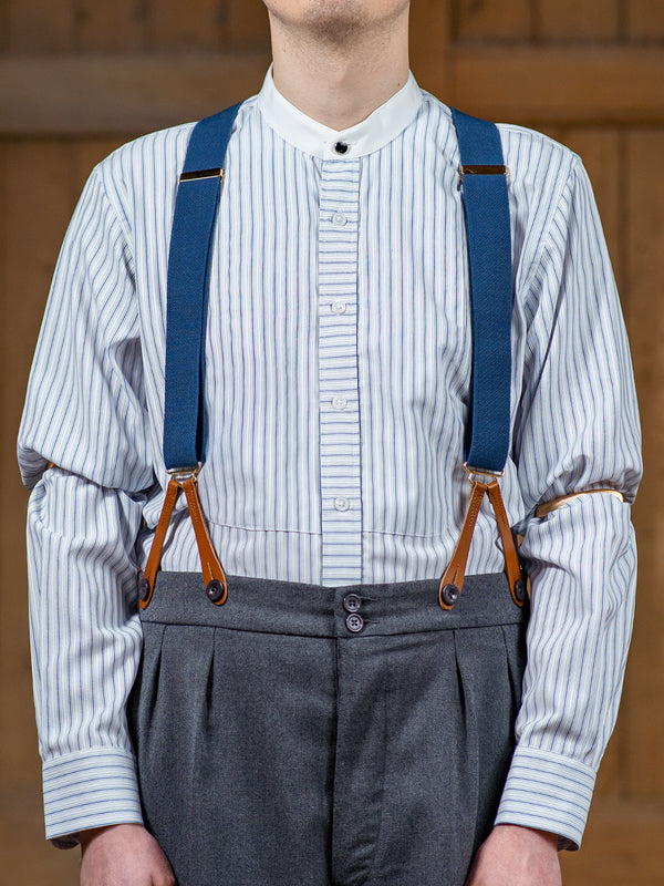 1940s Collarless Grandad Shirt - Navy Blue Orton Stripe