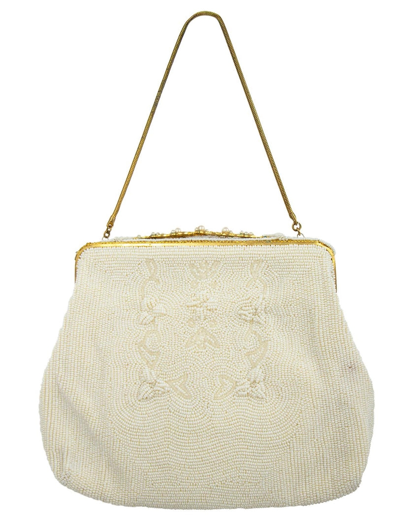 1940s Vintage Cream Beaded Frame Occasion Bag Purse
