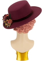 Felt Vintage Style Hat Floral Trim  In Burgundy