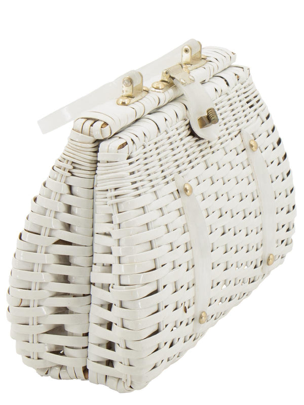 1960s White Woven Handbag Lucite Handle