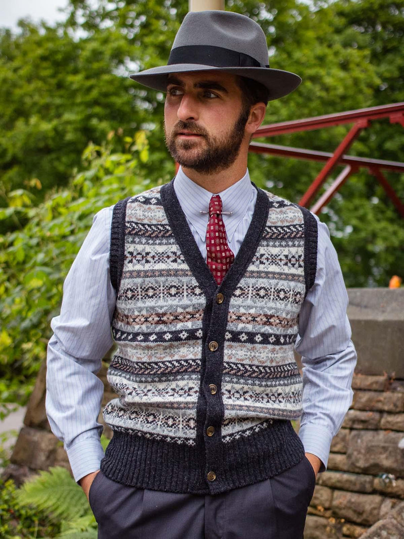 Forties Vintage Scottish Wool Buttoned Fairisle Tank Top in Charcoal Grey