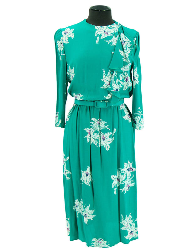 Vintage 1940s Style Jade Green Floral Belted Dress