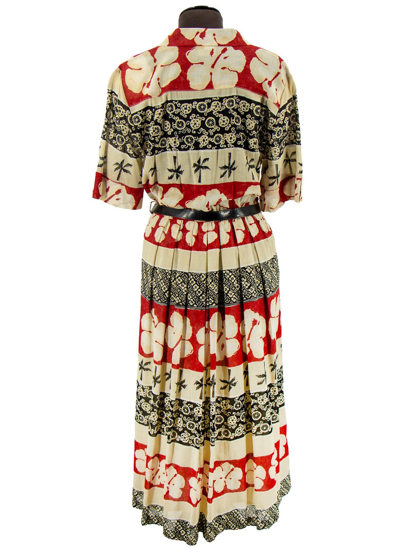 Vintage 1980s Belted Aloha Print Cotton Midi Dress