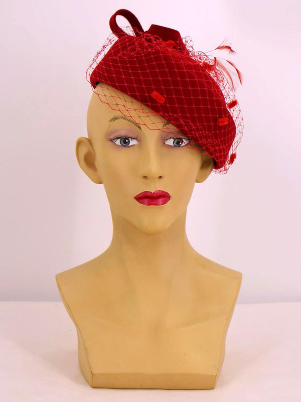 Red Vintage Style Loop Bow Pillbox Hat