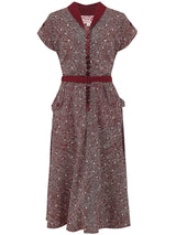 Wine Ditzy Print Vintage 50s Style Buttoned Dress