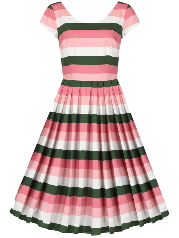 Vintage Style Pink and Green Stripe Retro Dress