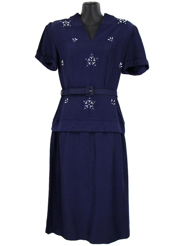 1940s Vintage Navy Blue Beaded Occasion Dress