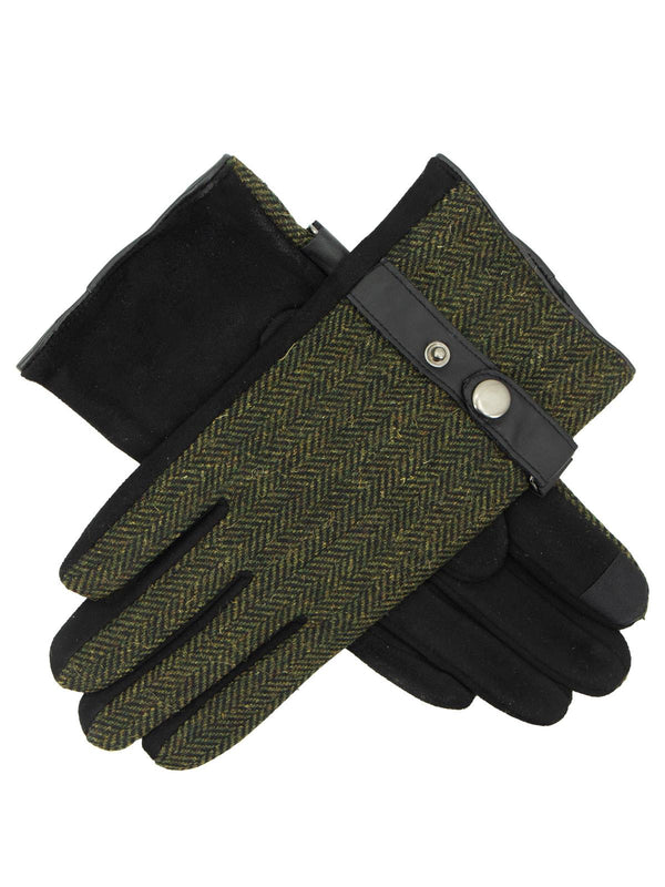 Genuine Leather & Green Wool Herringbone Gloves