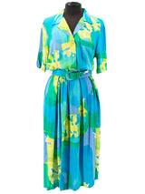 Vintage 1980s Turquoise Belted Shirt Midi Dress