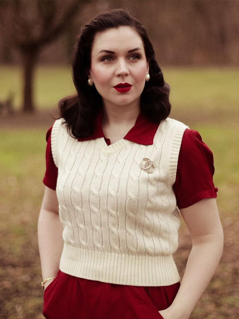 Vintage Style Cable Knit Tank Top Cream – RevivalVintage