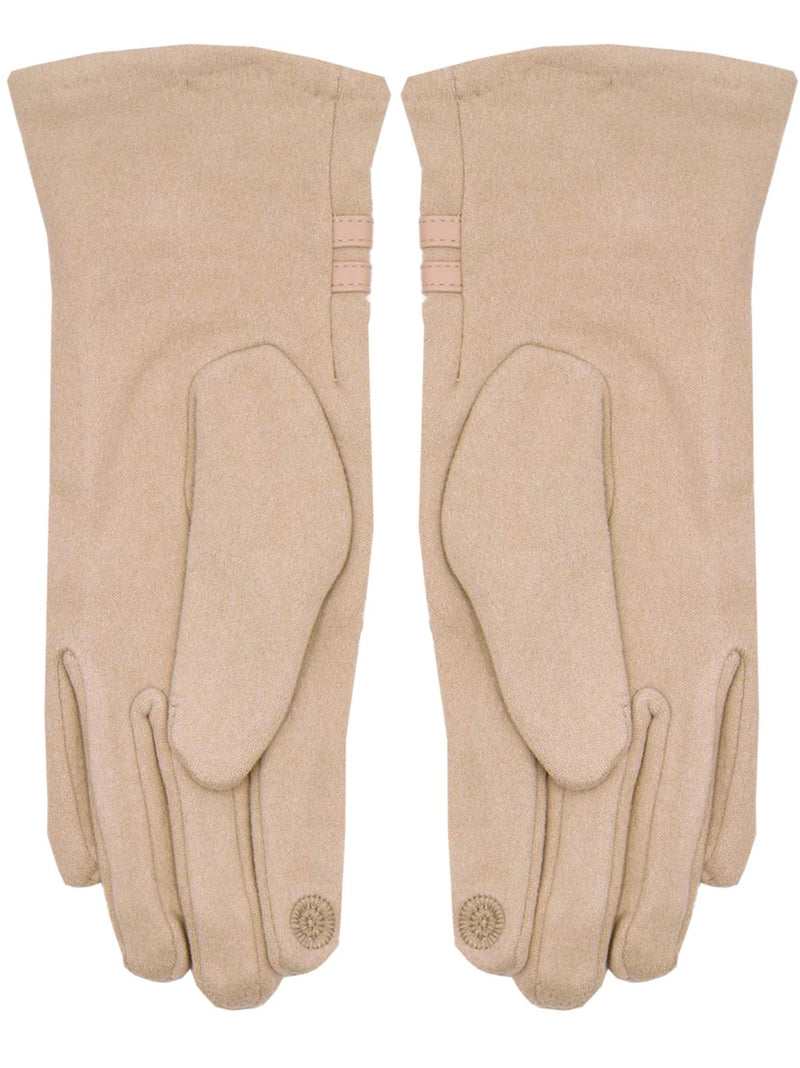 Leather Detail Beige Vintage Style Winter Gloves
