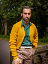 Mustard Yellow Waffle Knit V-Neck Vintage Style Cardigan