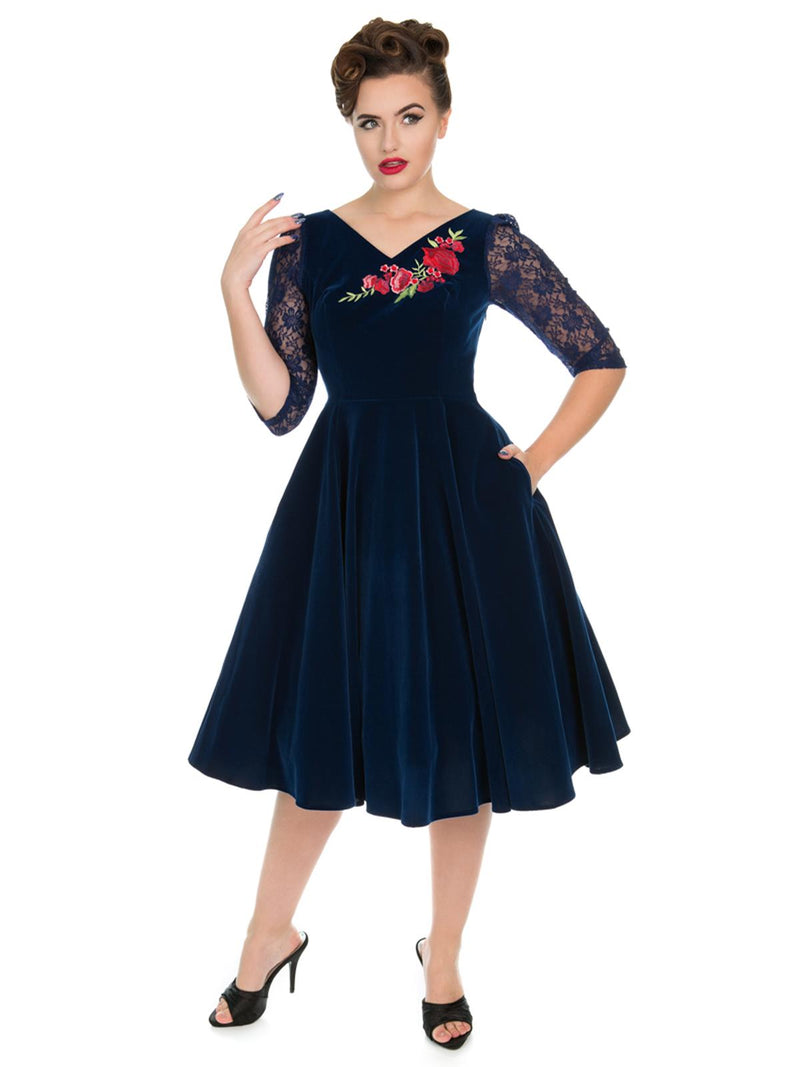 Vintage Style Blue Velvet Embroidered Swing Dress