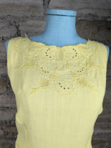 Vintage Lemon Slub Sleeveless Embroidered Linen Dress