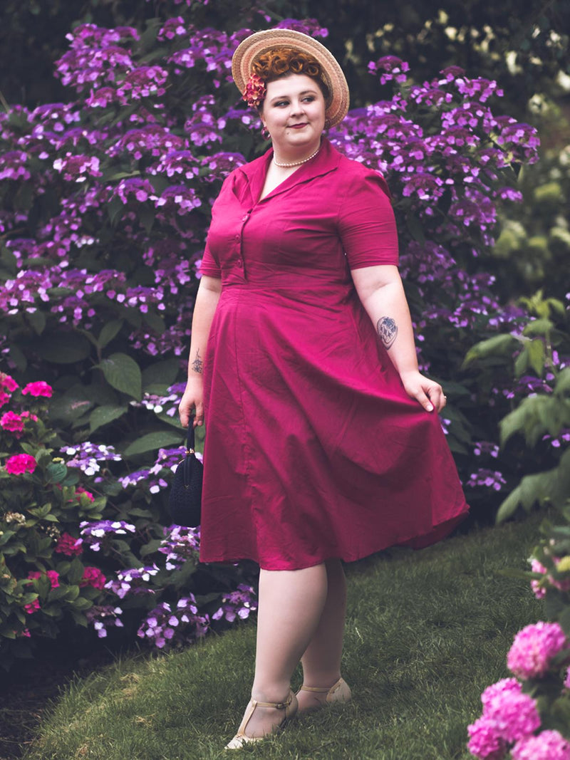 1940s Vintage Melody Shirtwaist Dress in Berry Red