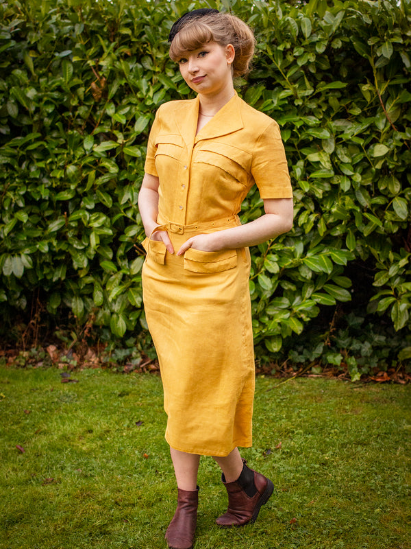 1940s Vintage Spirit Linen Dress in Honey Yellow