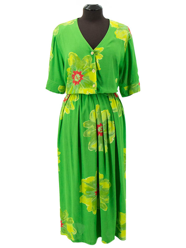 Vintage Green Floral Waisted V Neck Midi Dress