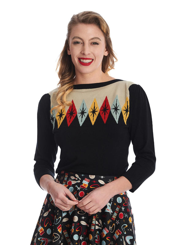 Vintage Look 50s Style Black Atomic Star Jumper