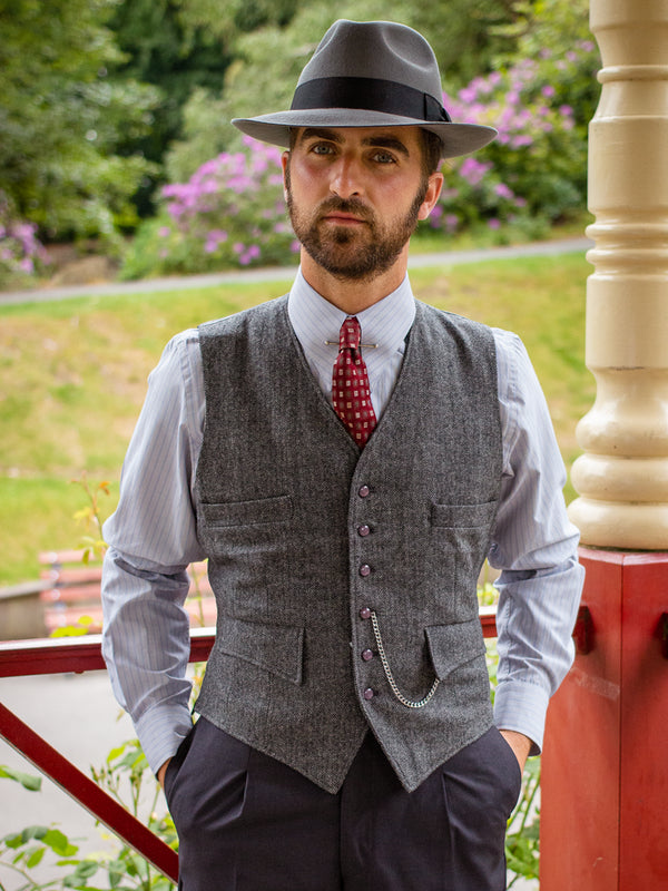 1940s Vintage Granville Herringbone Wool Waistcoat in Grey