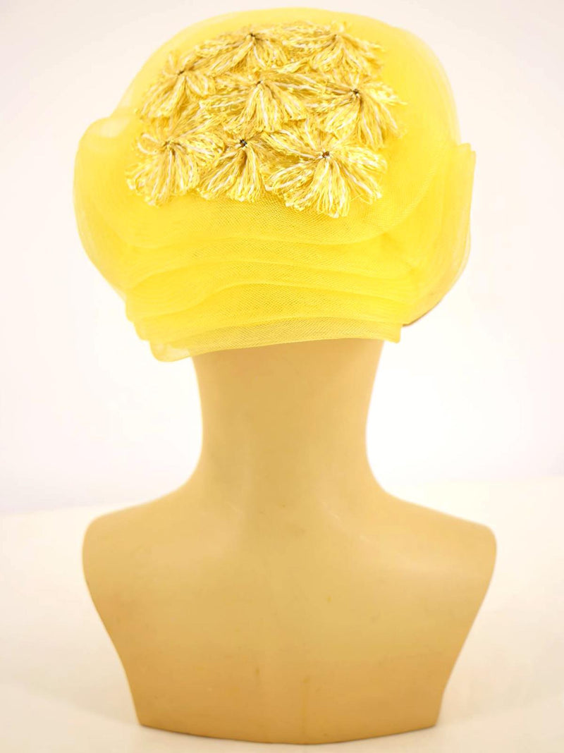 Yellow Raffia Florals Layered Vintage Tulle Hat