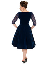 Vintage Style Blue Velvet Embroidered Swing Dress