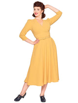 Mustard Yellow Vintage Style Belted Swing Dress