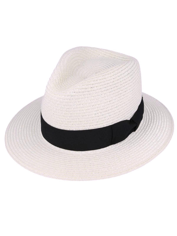 Classic Mens Cream Summer Straw Fedora Hat