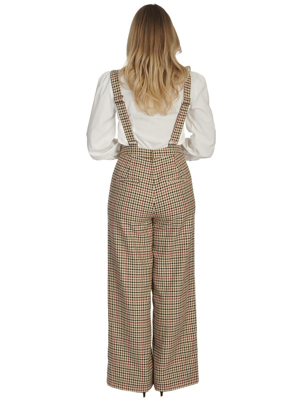 Vintage Style Beige & Red Check Dungarees