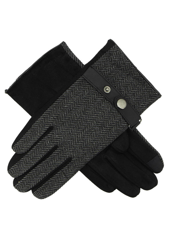 Genuine Leather & Grey Wool Herringbone Gloves