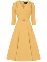 Mustard Yellow Vintage Style Belted Swing Dress