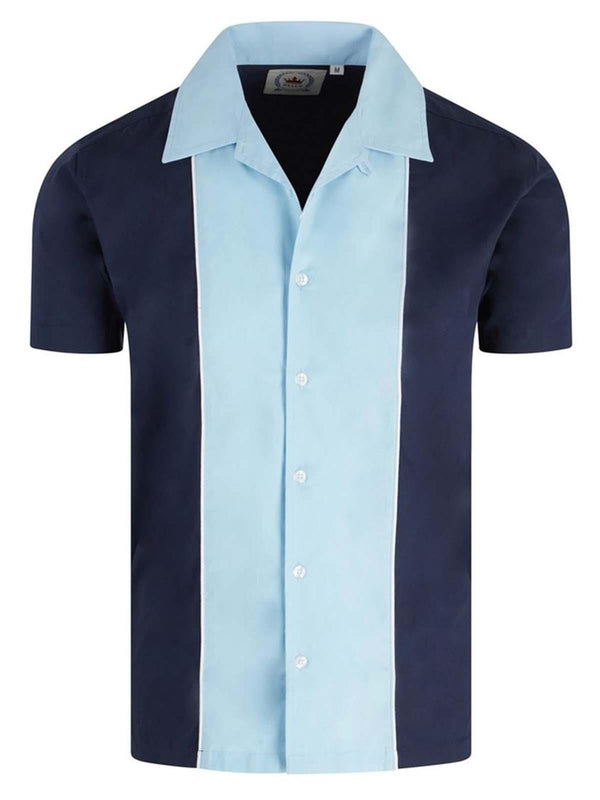 Sky Blue Stripe 1950s Style Bowling Shirt