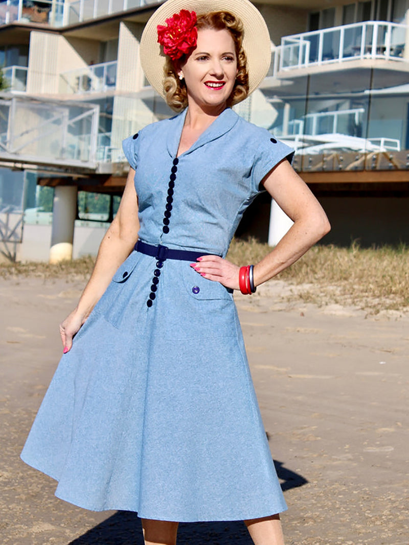 Vintage 40s Style Light Denim Day Dress