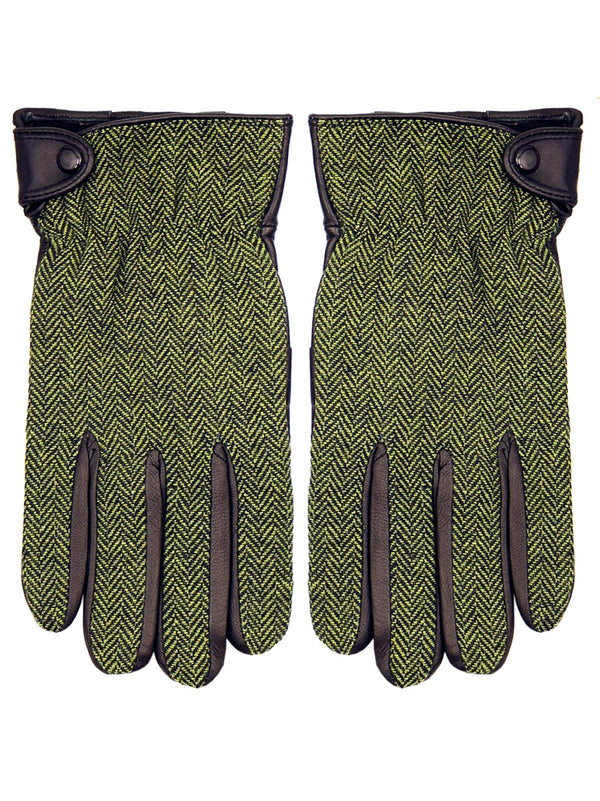 Genuine Leather & Green Wool Herringbone Gloves