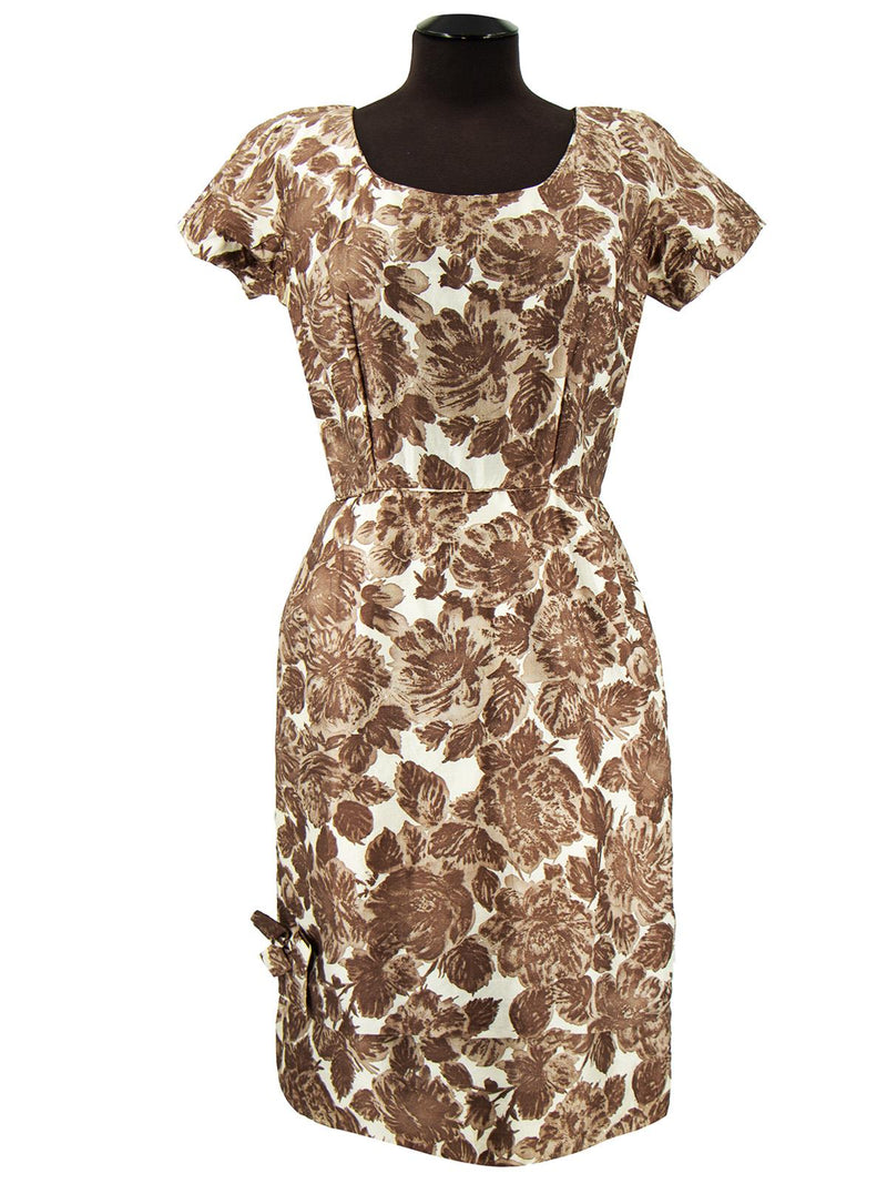 Vintage 1950s Taupe Floral Faux Silk Waisted Shift Dress