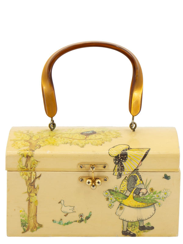 Vintage Box Bag With Lucite Handle & Decoupage